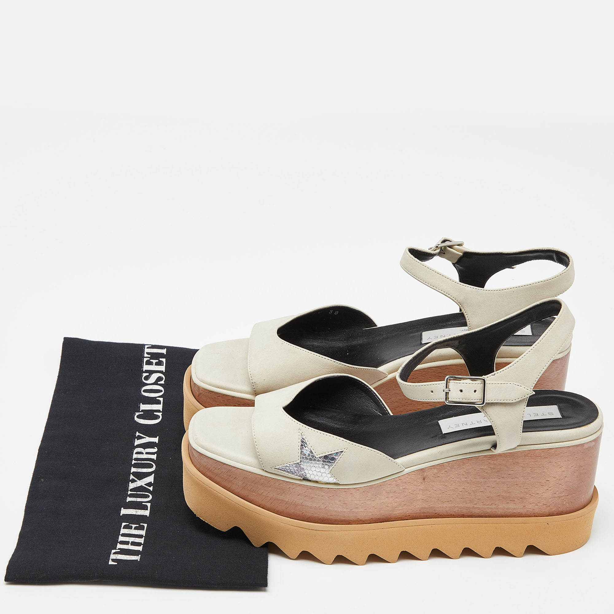 Stella McCartney Off White/Silver Faux Leather Elyse Star Platform Ankle Strap Sandals Size 38
