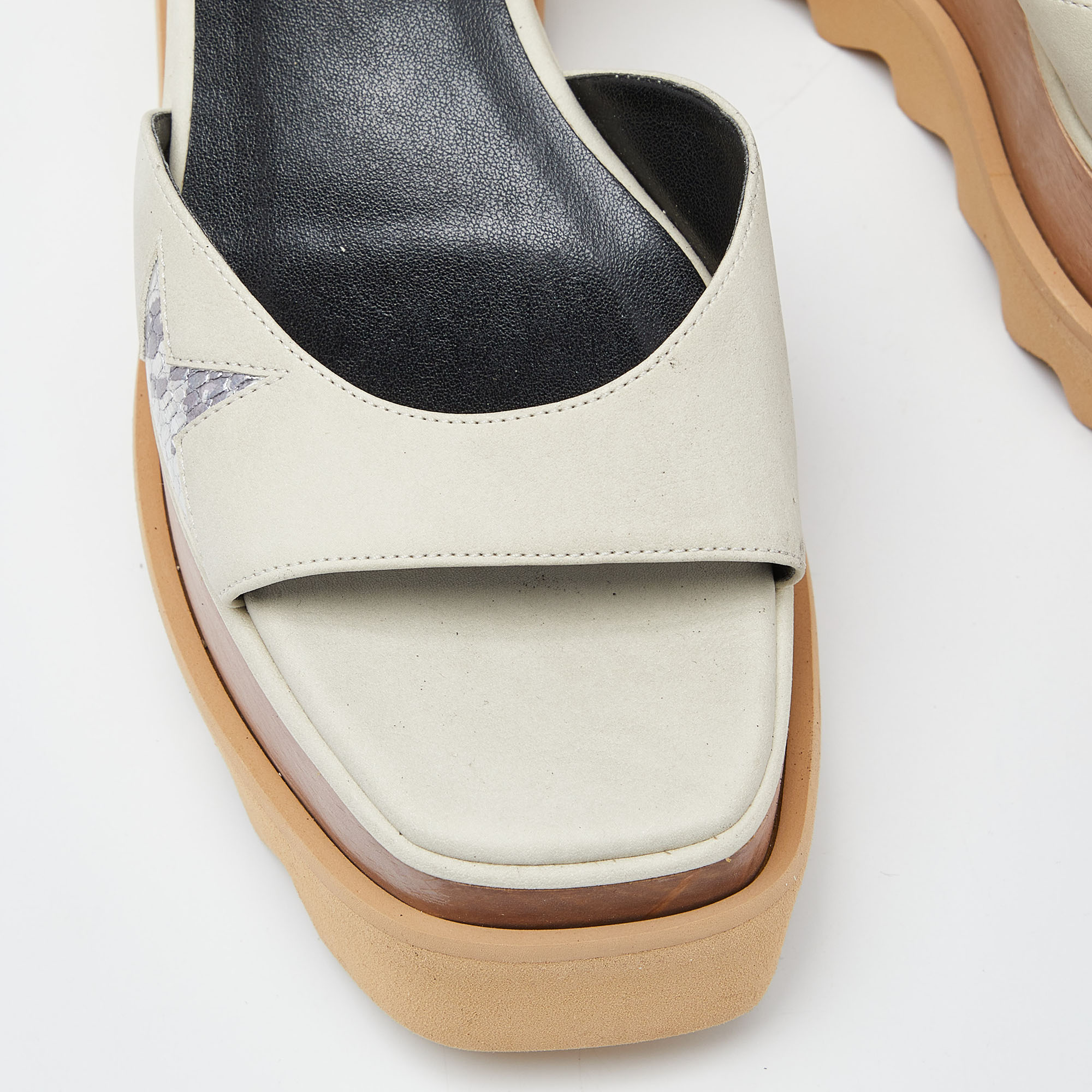 Stella McCartney Off White/Silver Faux Leather Elyse Star Platform Ankle Strap Sandals Size 38