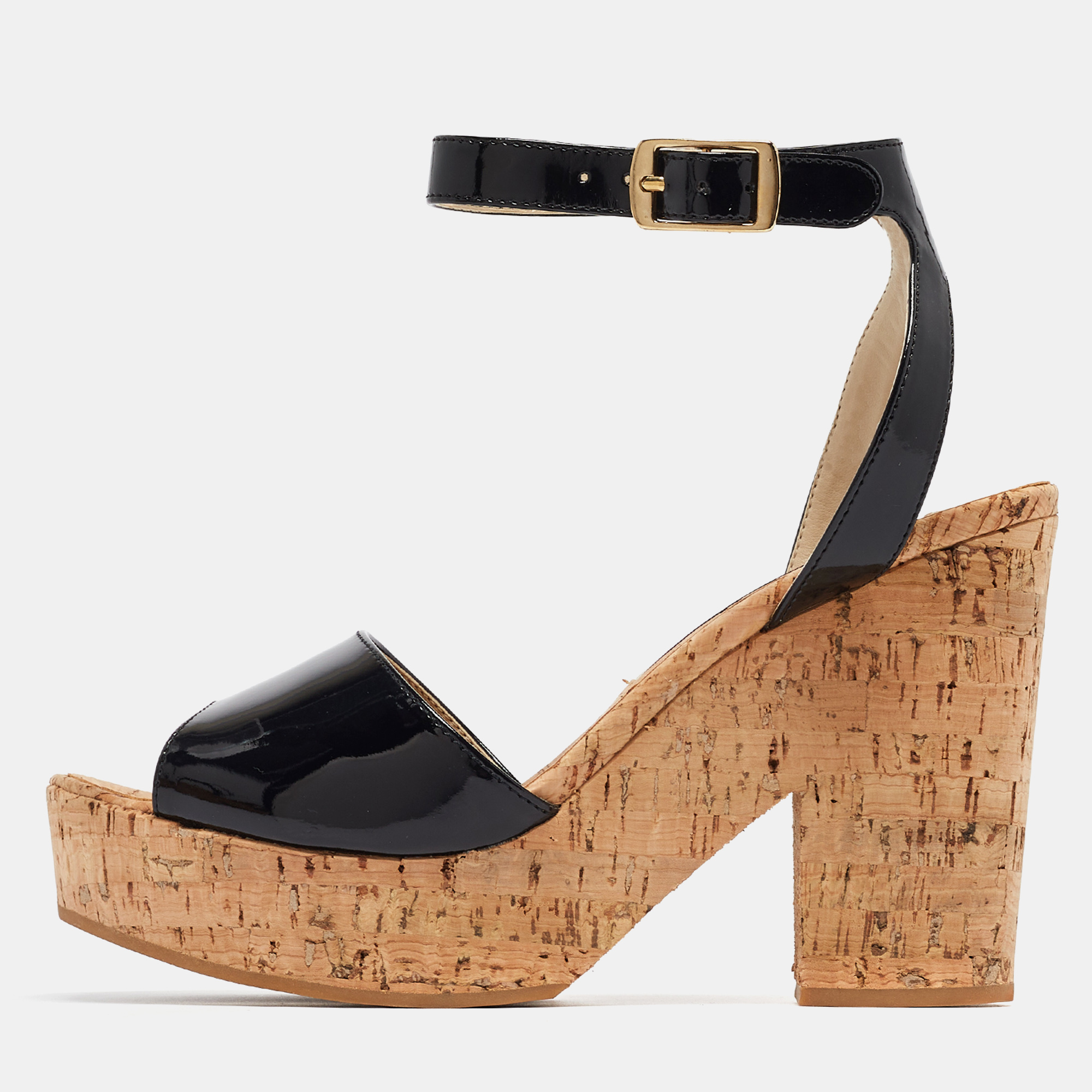Stella mccartney black faux patent and cork platform ankle strap sandals size 38