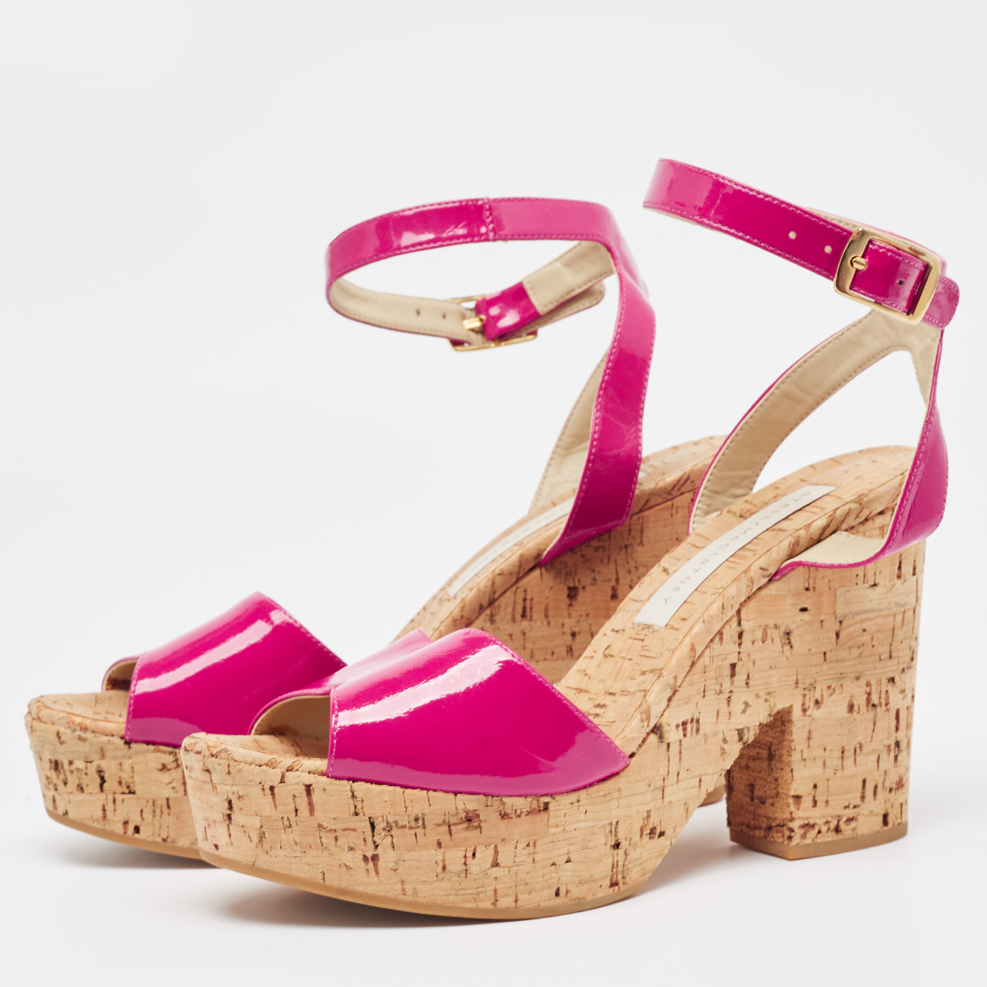 Stella McCartney Pink Faux Patent And Cork Platform Ankle Strap Sandals Size 39