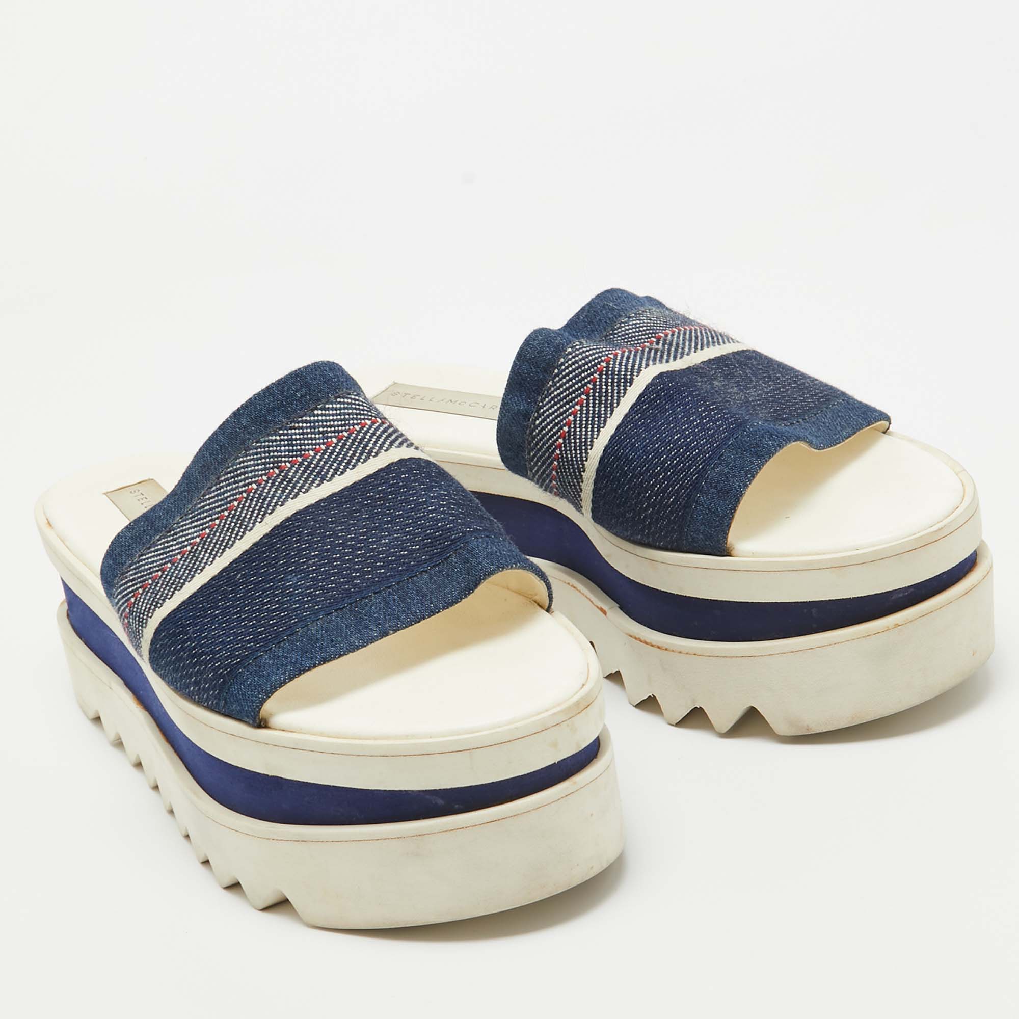 Stella McCartney Blue Denim Elyse Platform Slide Sandals Size 39