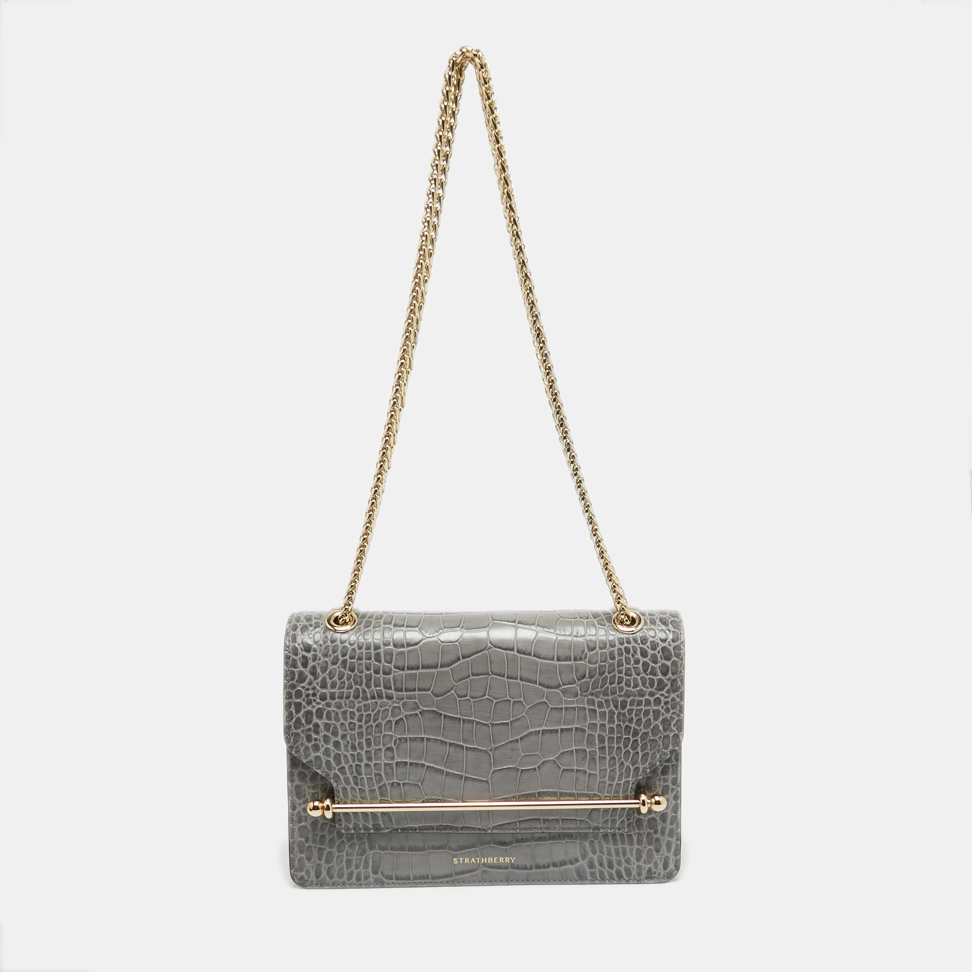 

Strathberry Grey Croc Embossed Leather East/West Chain Bag