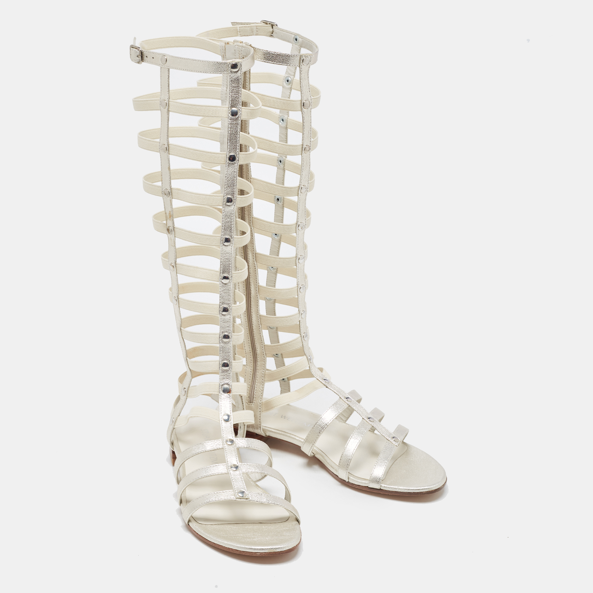 Stuart Weitzman Silver Leather And Elastic Gladiator Flat Sandals Size 36