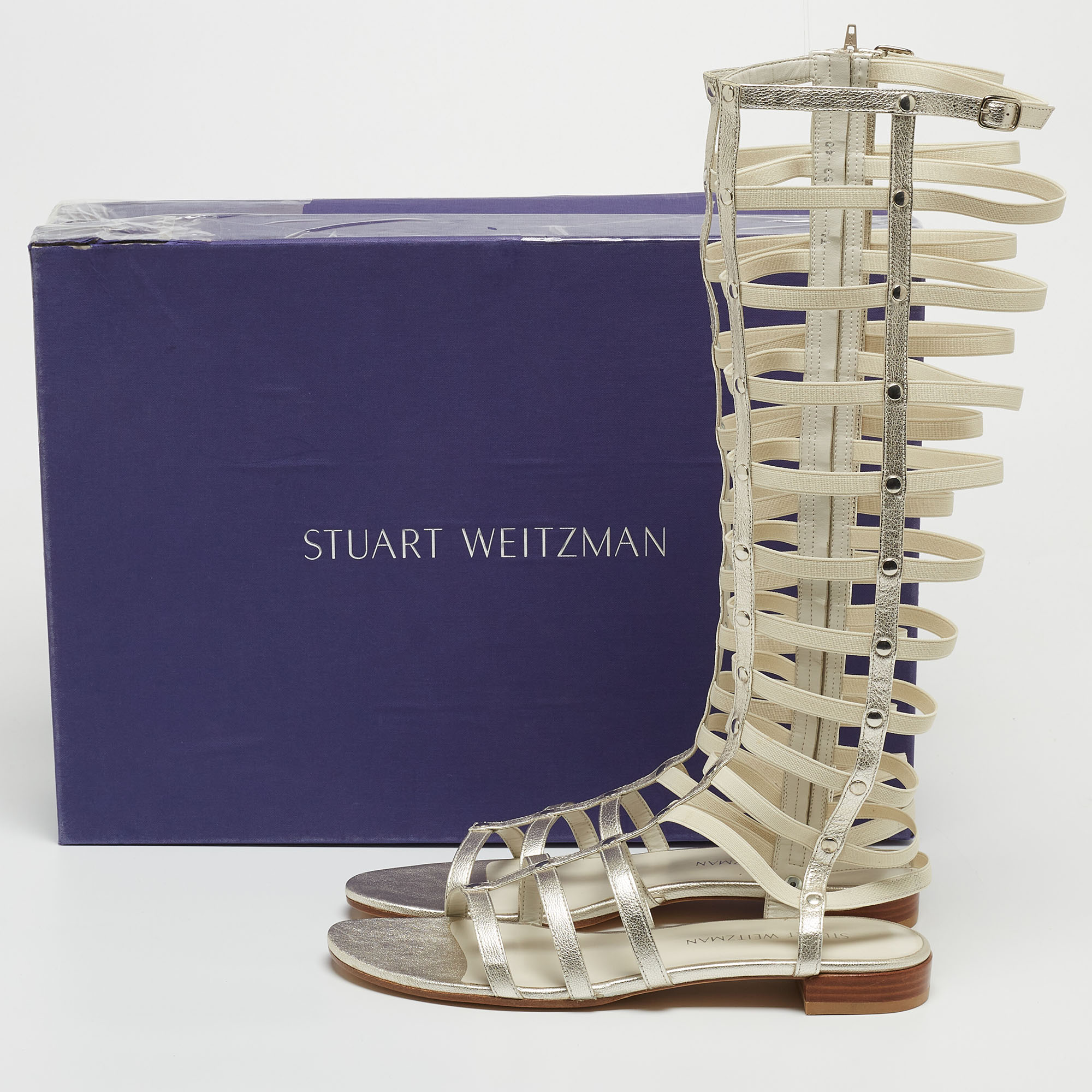 Stuart Weitzman Metallic White Leather And Elastic Gladiator Flat Sandals Size 40