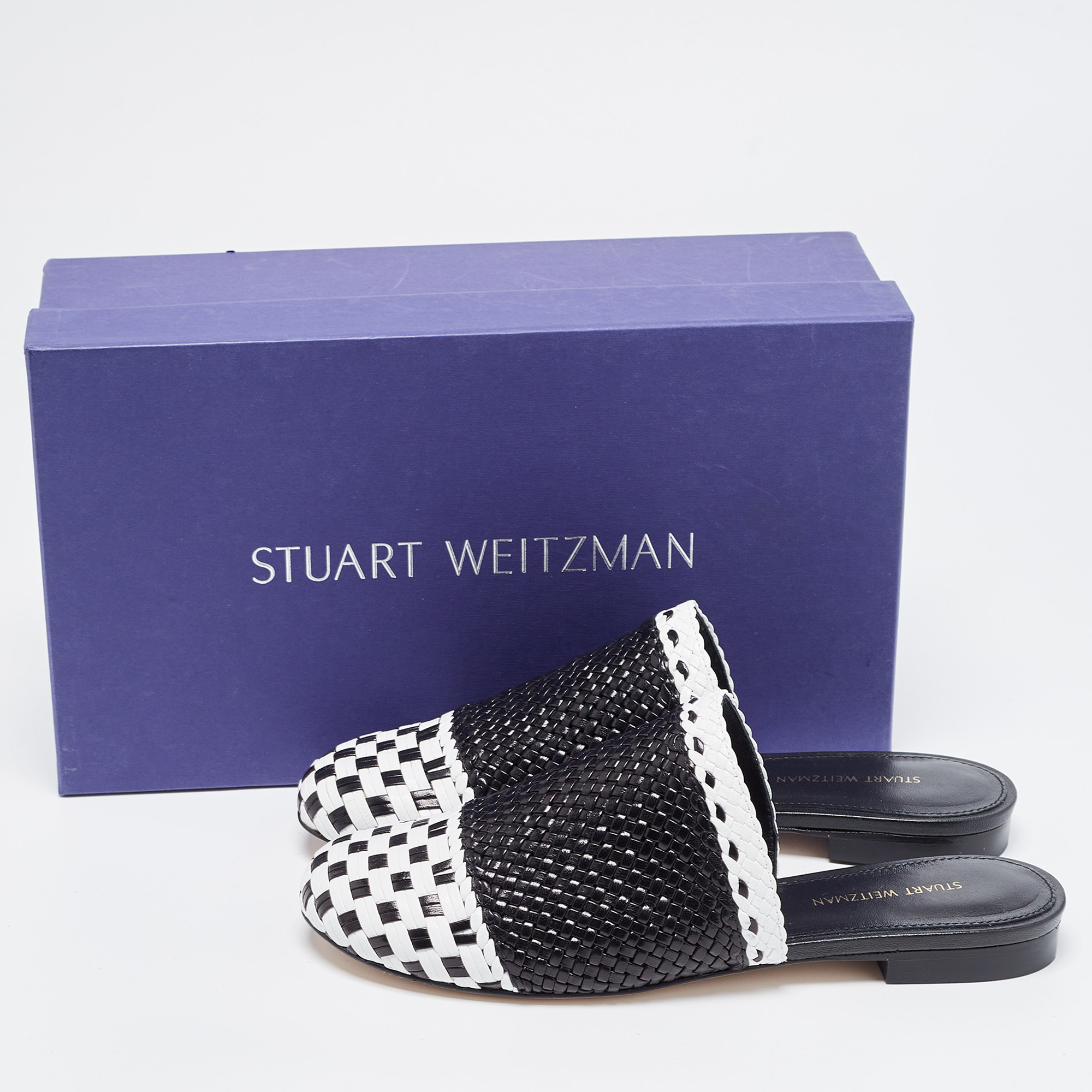 Stuart Weitzman Black/White Woven Leather Indiana Flat Mules Size 36