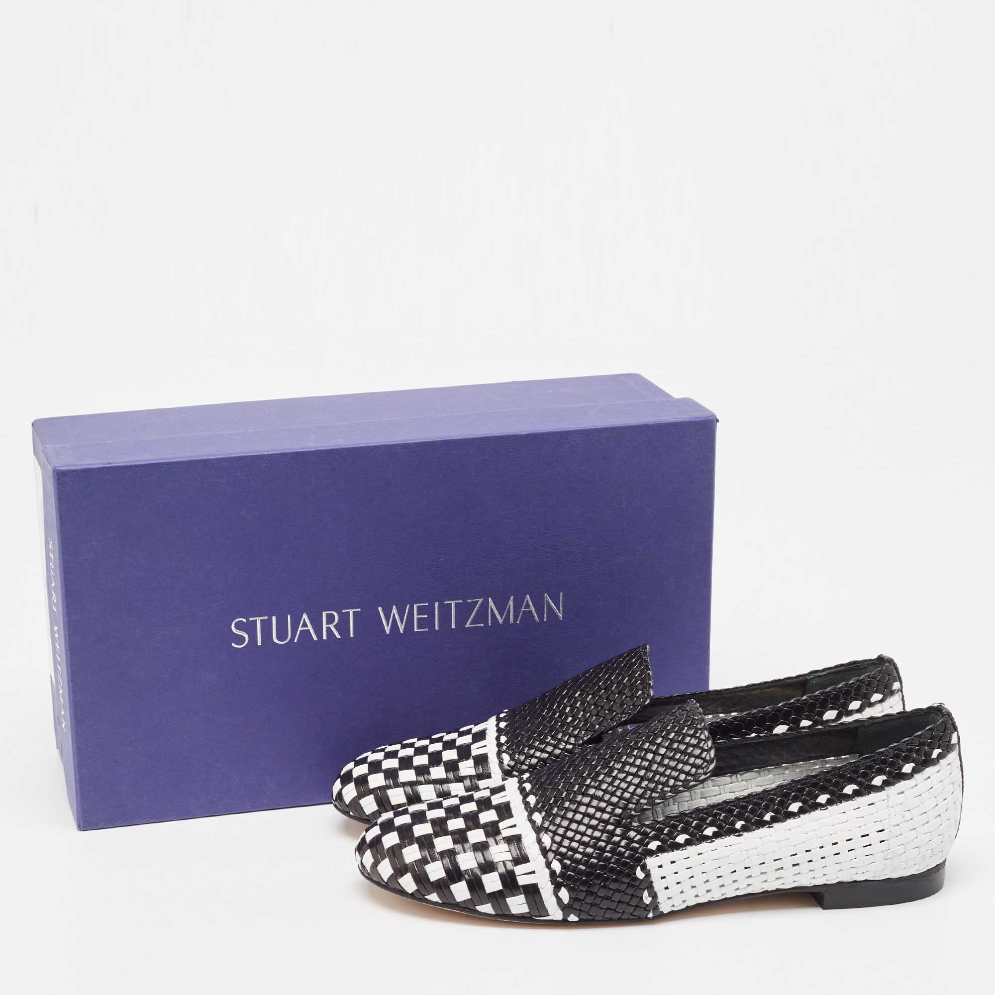 Stuart Weitzman Black/White Woven Leather Riviera Smoking Slippers Size 36