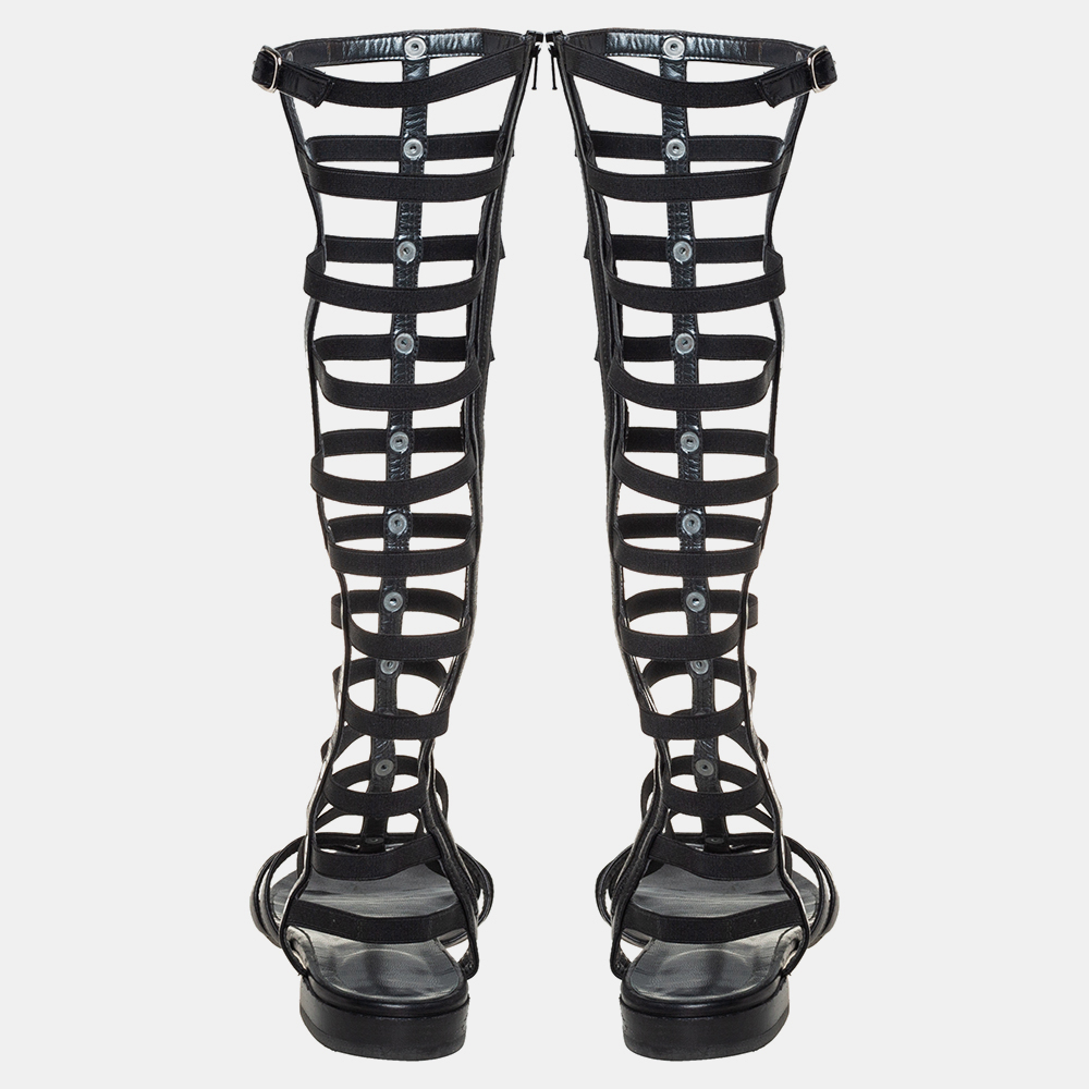 Stuart Weitzman Black Leather And Elastic Gladiator Flat Sandals Size 37.5