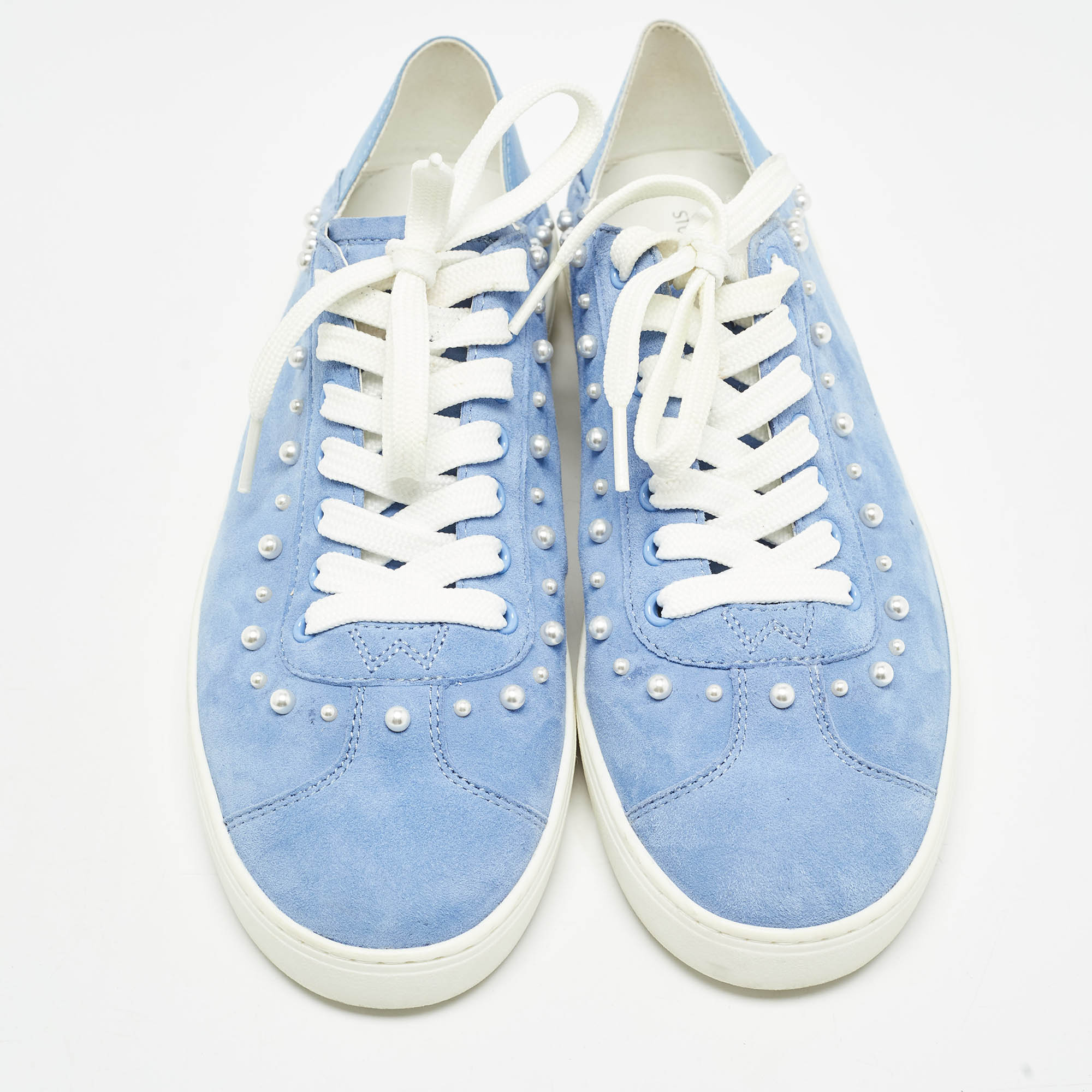 Stuart Weitzman Blue Suede Pear Embellished Lace Up Sneakers Size 39.5