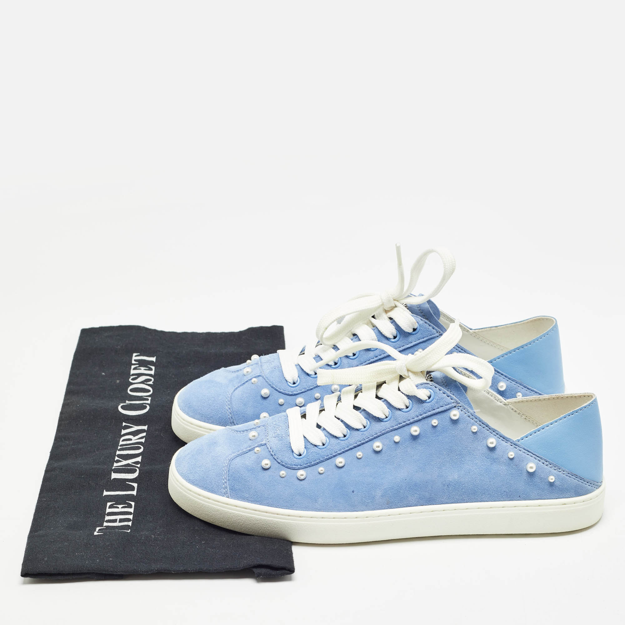 Stuart Weitzman Blue Suede Pear Embellished Lace Up Sneakers Size 39.5