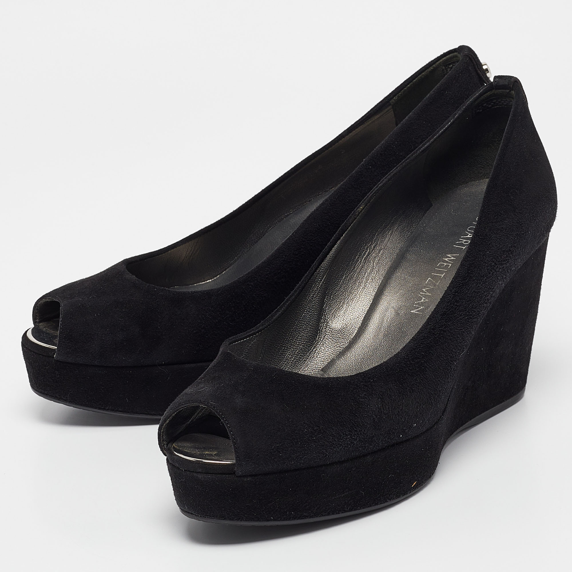 Stuart Weitzman Black Suede Peep Toe Wedge Pumps Size 39