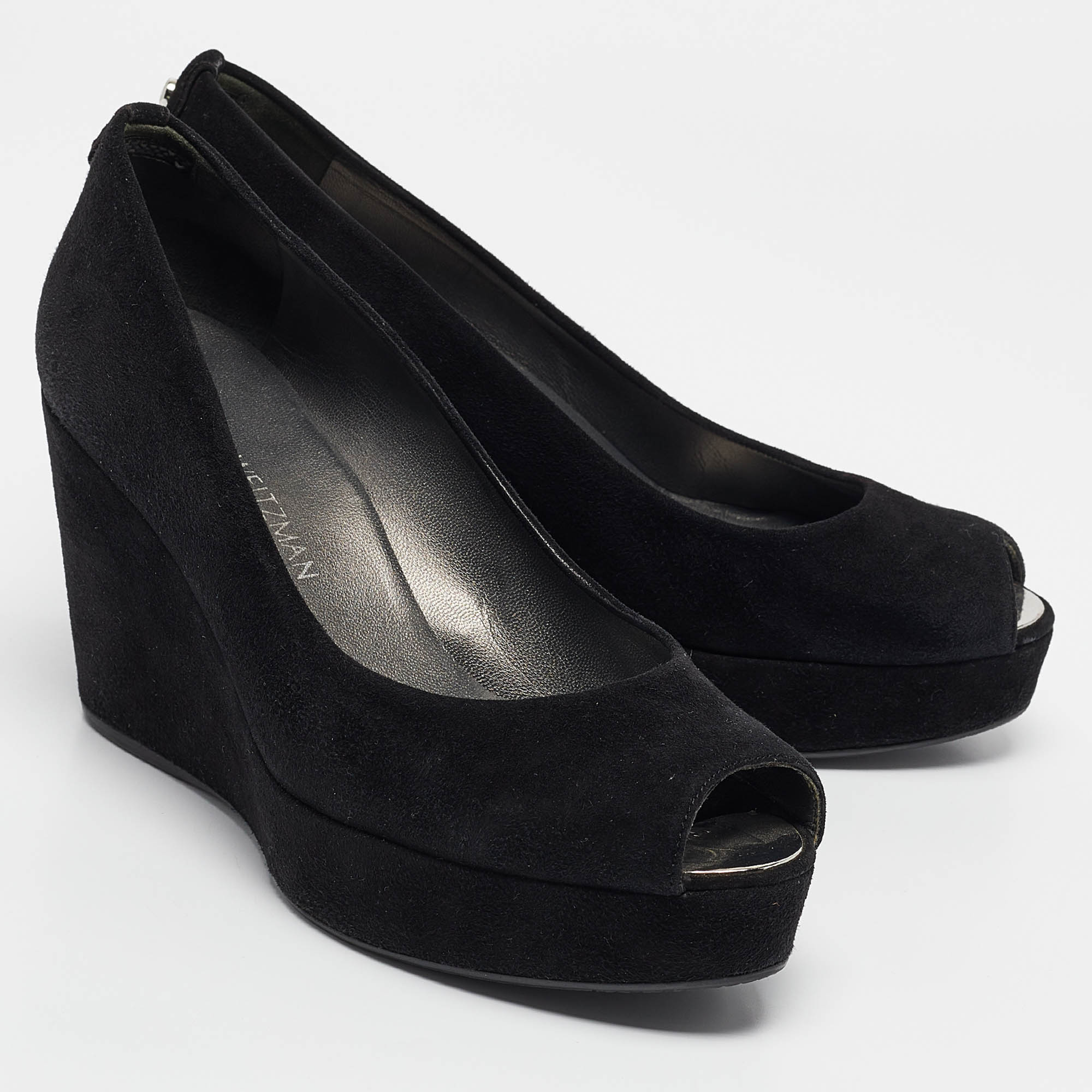 Stuart Weitzman Black Suede Peep Toe Wedge Pumps Size 39