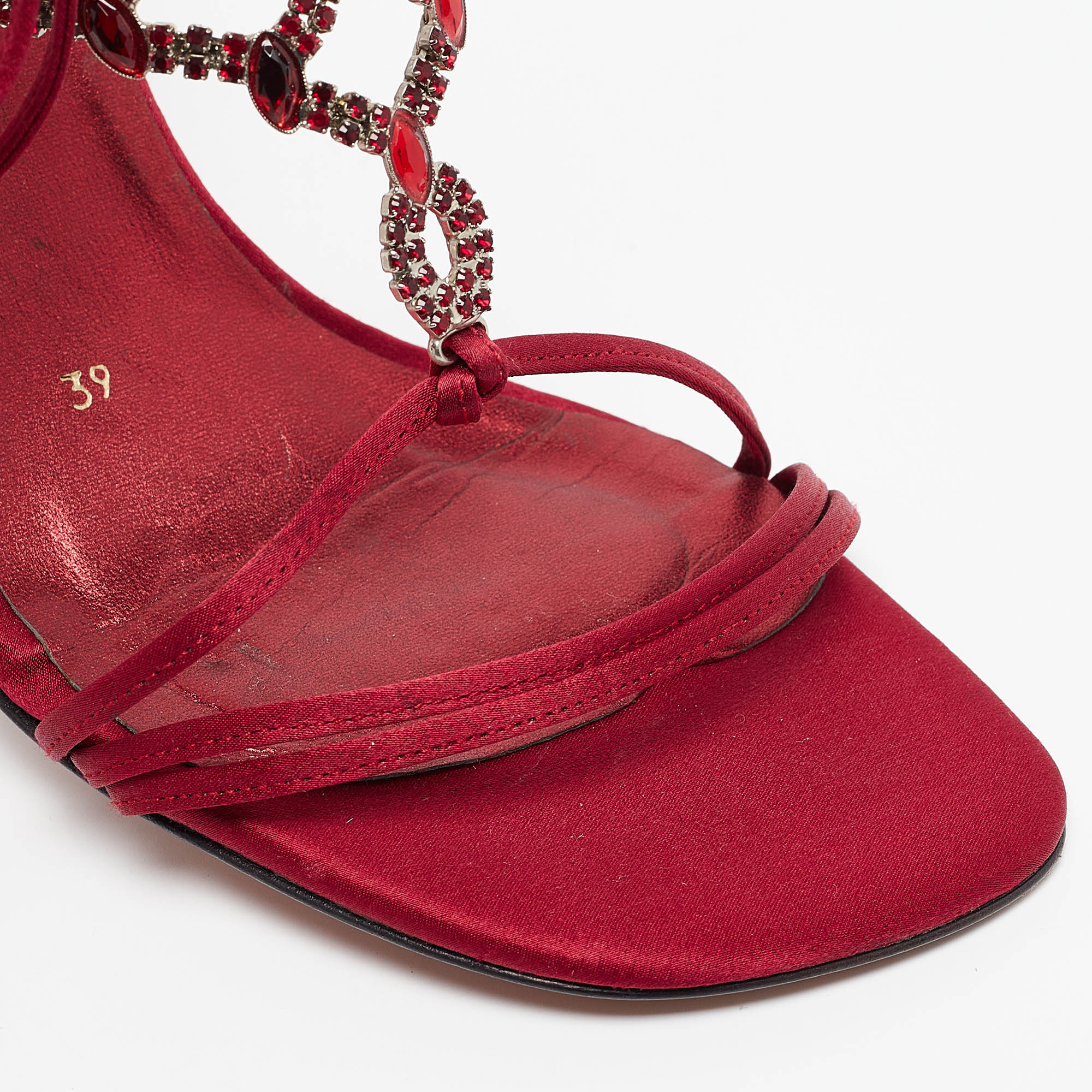 Stuart Weitzman Burgundy Satin Crystal Embellished Ankle Strap Sandals Size 39