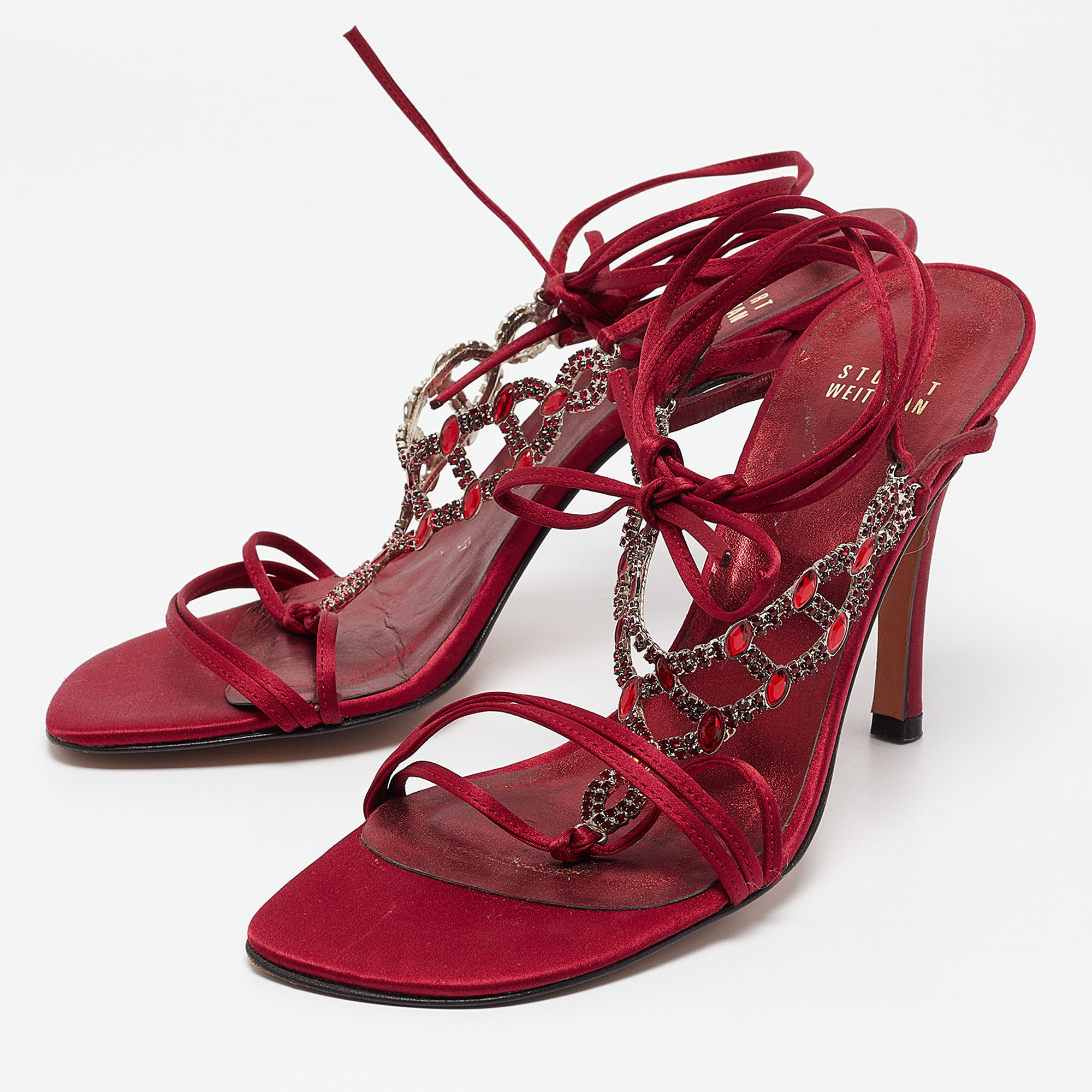 Stuart Weitzman Burgundy Satin Crystal Embellished Ankle Strap Sandals Size 39