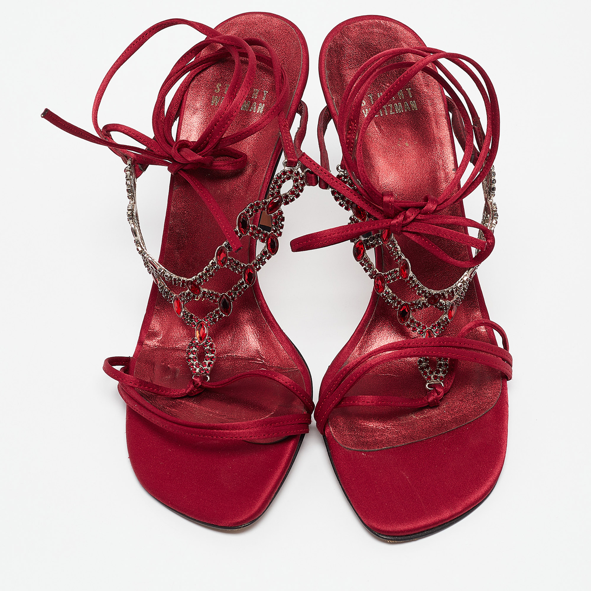 Stuart Weitzman Burgundy Satin Crystal Embellished Ankle Strap Sandals Size 39