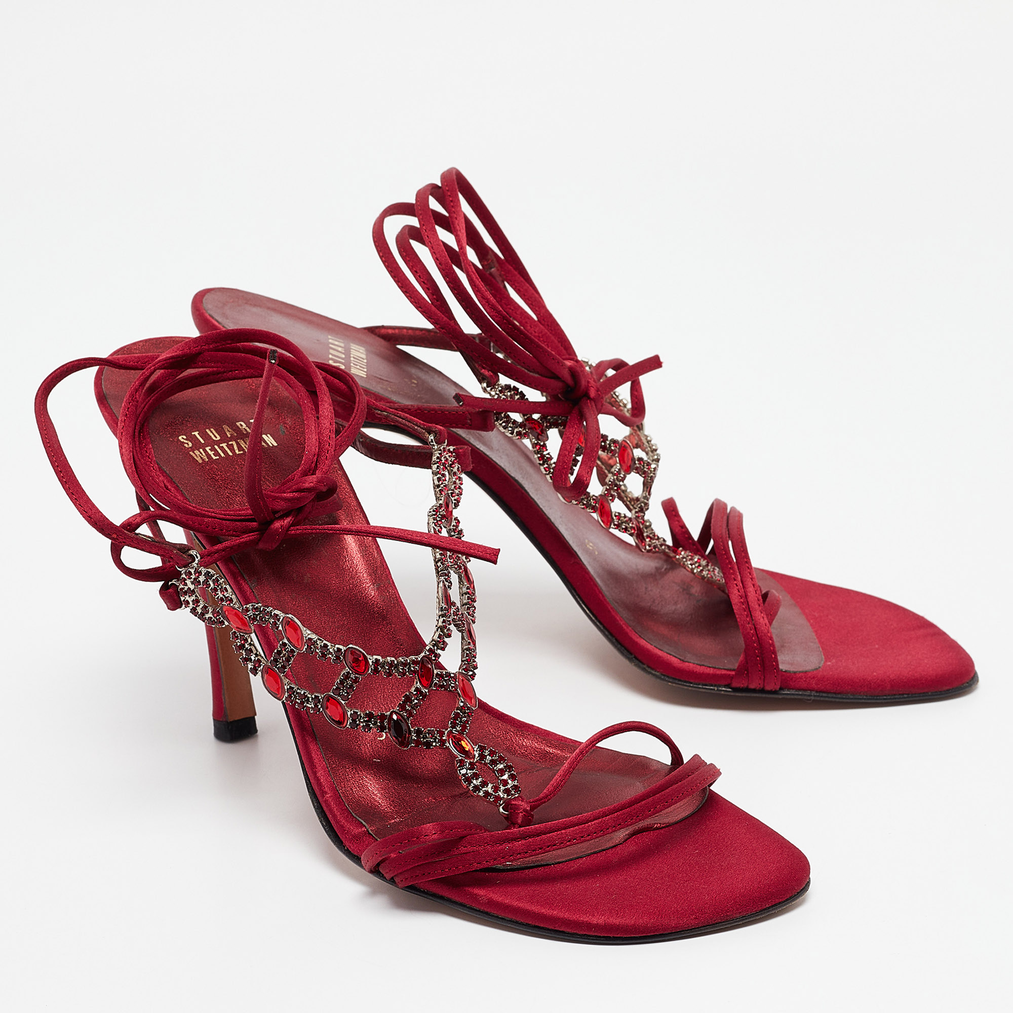 Stuart Weitzman Burgundy Satin Crystal Embellished Ankle Strap Sandals Size 39