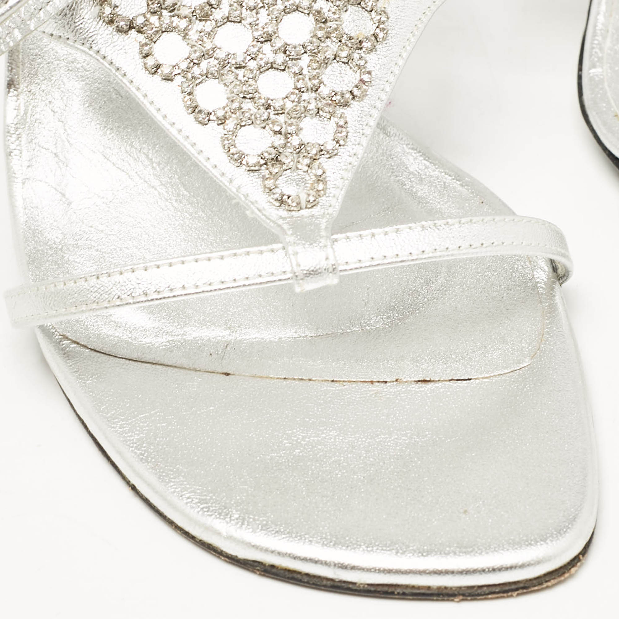 Stuart Weitzman Silver Leather Crystal Embellished Ankle Strap Sandals Size 35.5