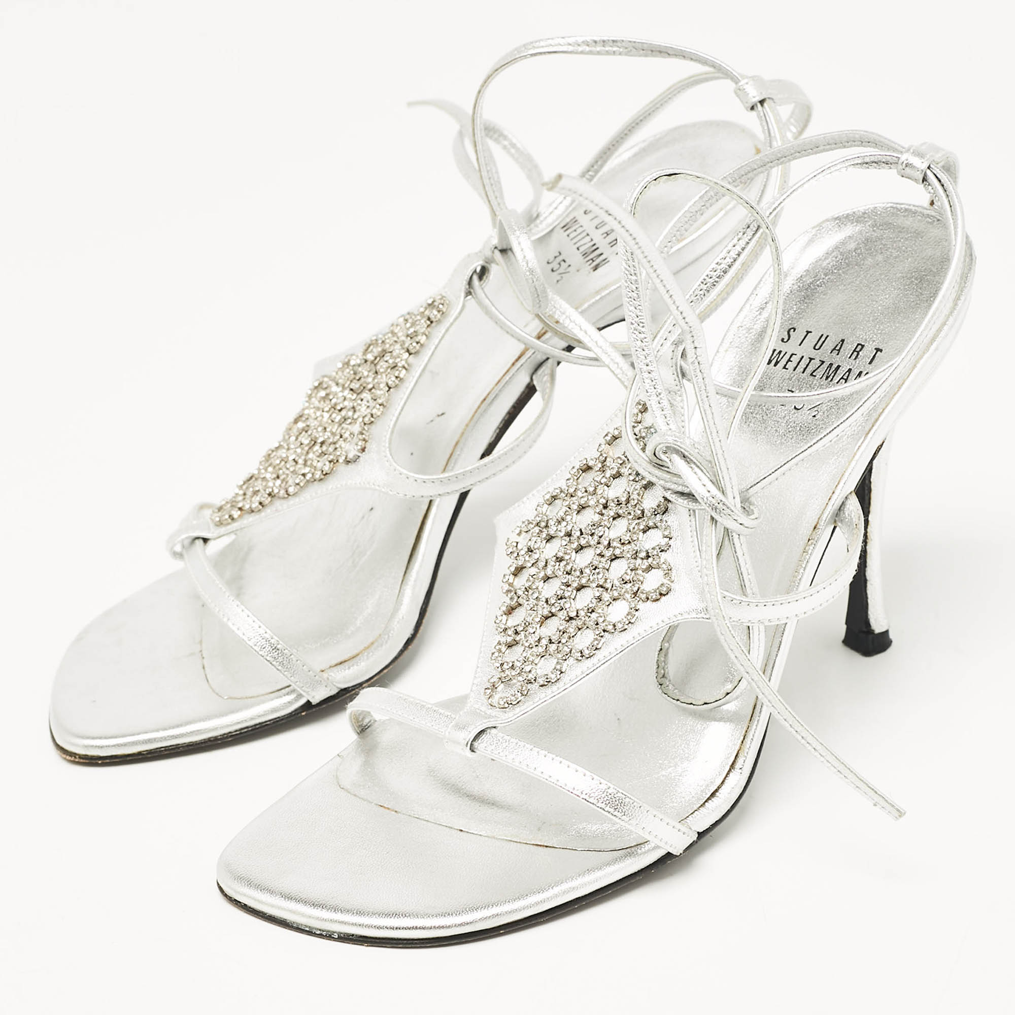 Stuart Weitzman Silver Leather Crystal Embellished Ankle Strap Sandals Size 35.5