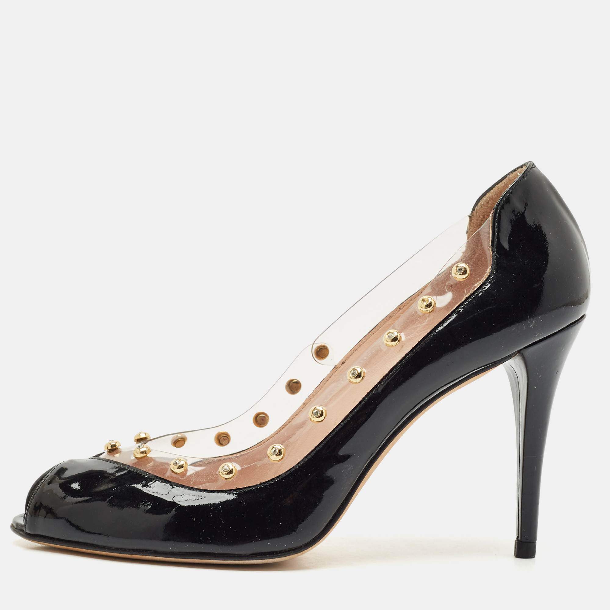Stuart Weitzman Black Patent Leather and PVC Studded Peep Toe Pumps Size
Stuart Weitzman Black Patent Leather and PVC Studded Peep Toe Pumps Size