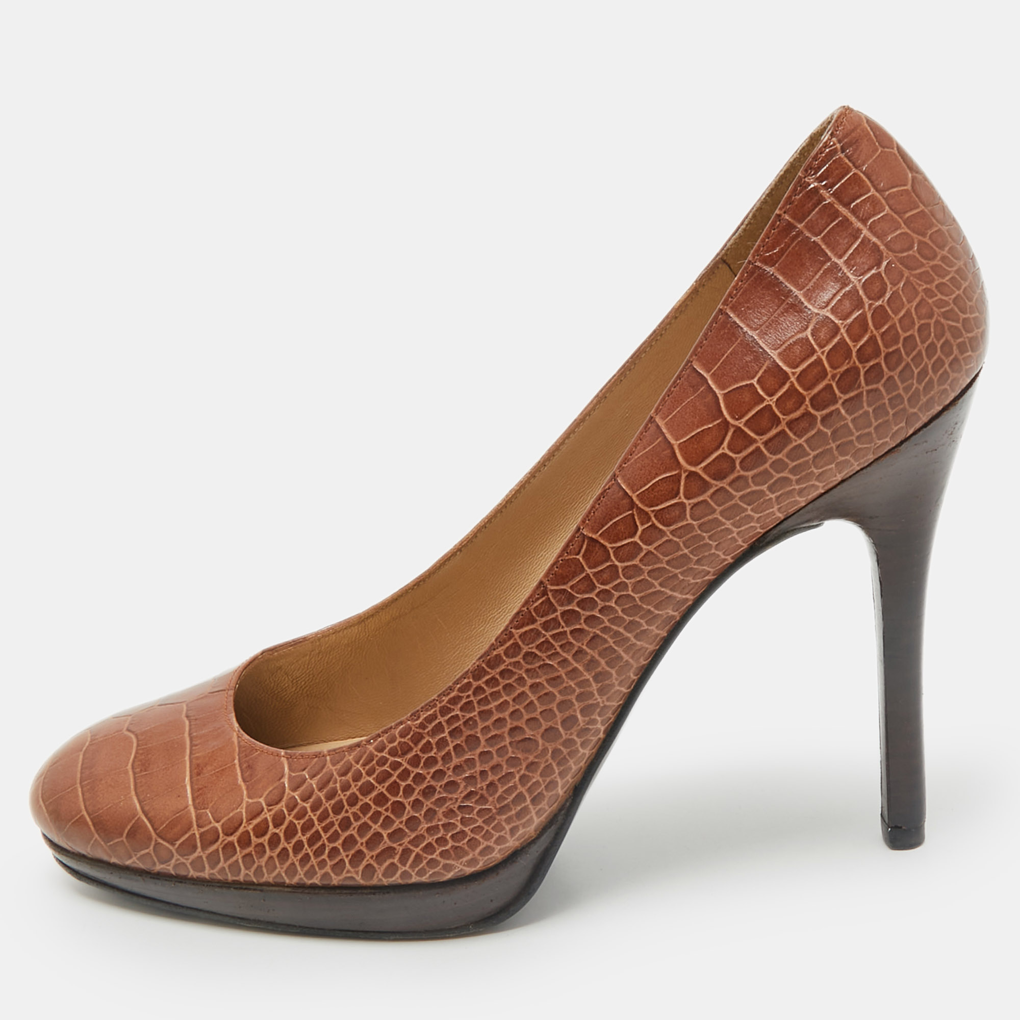 Stuart Weitzman Brown Croc Embossed Leather Round Toe Pumps Size 38.5
Stuart Weitzman Brown Croc Embossed Leather Round Toe Pumps Size 38.5