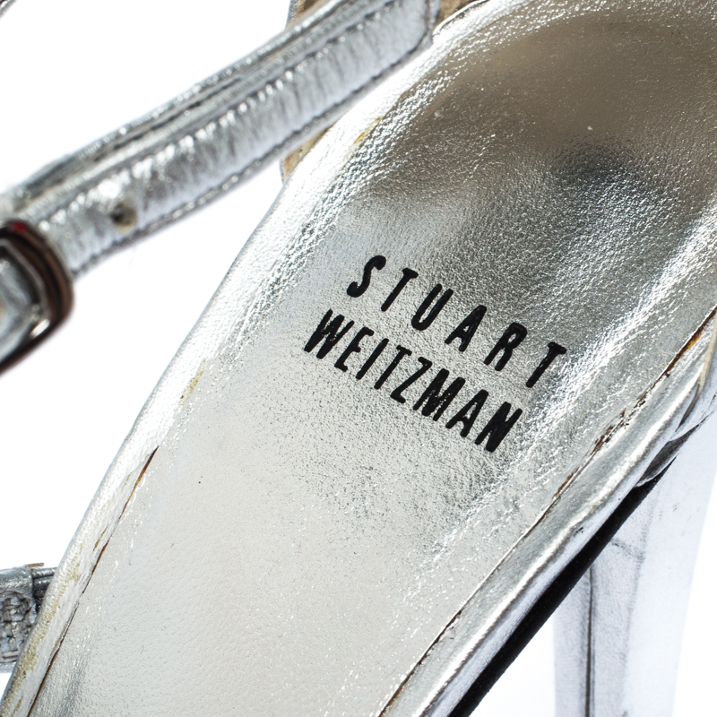 Stuart Weitzman Metallic Silver Crystal Embellished Sandals Size 38