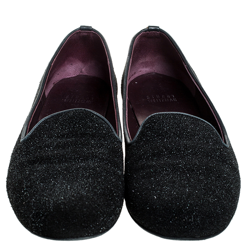 Stuart Weitzman Black Glitter Leather Smoking Slippers Size 37.5