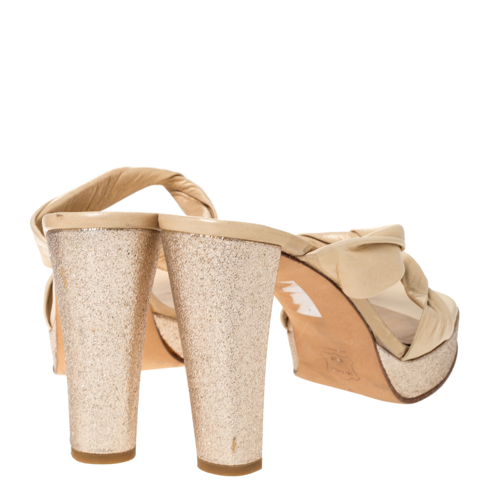 Stuart Weitzman Beige Twist Leather And Silver Glitter Platform Slide Sandals Size 39.5