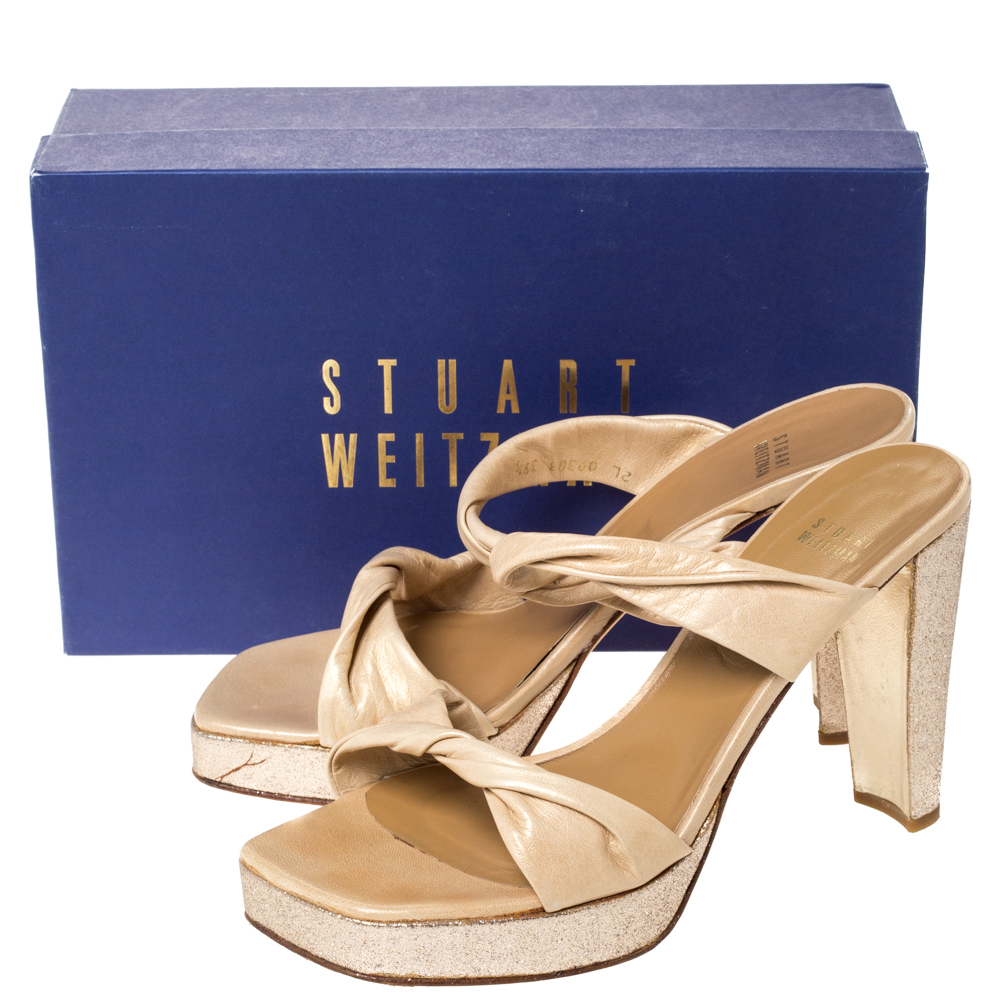 Stuart Weitzman Beige Twist Leather And Silver Glitter Platform Slide Sandals Size 39.5