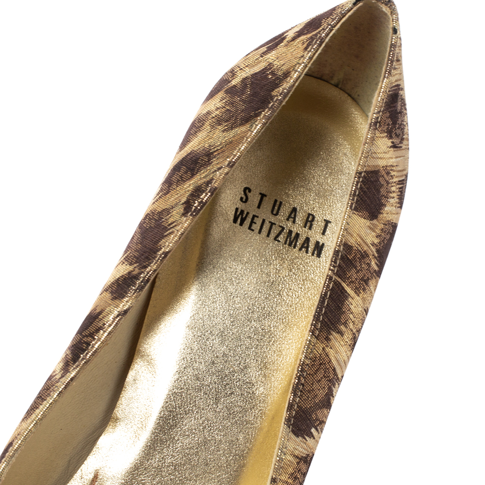Stuart Weitzman Metallic Lamé Fabric Leopard Print Bow Peep Toe Pumps Size 39.5