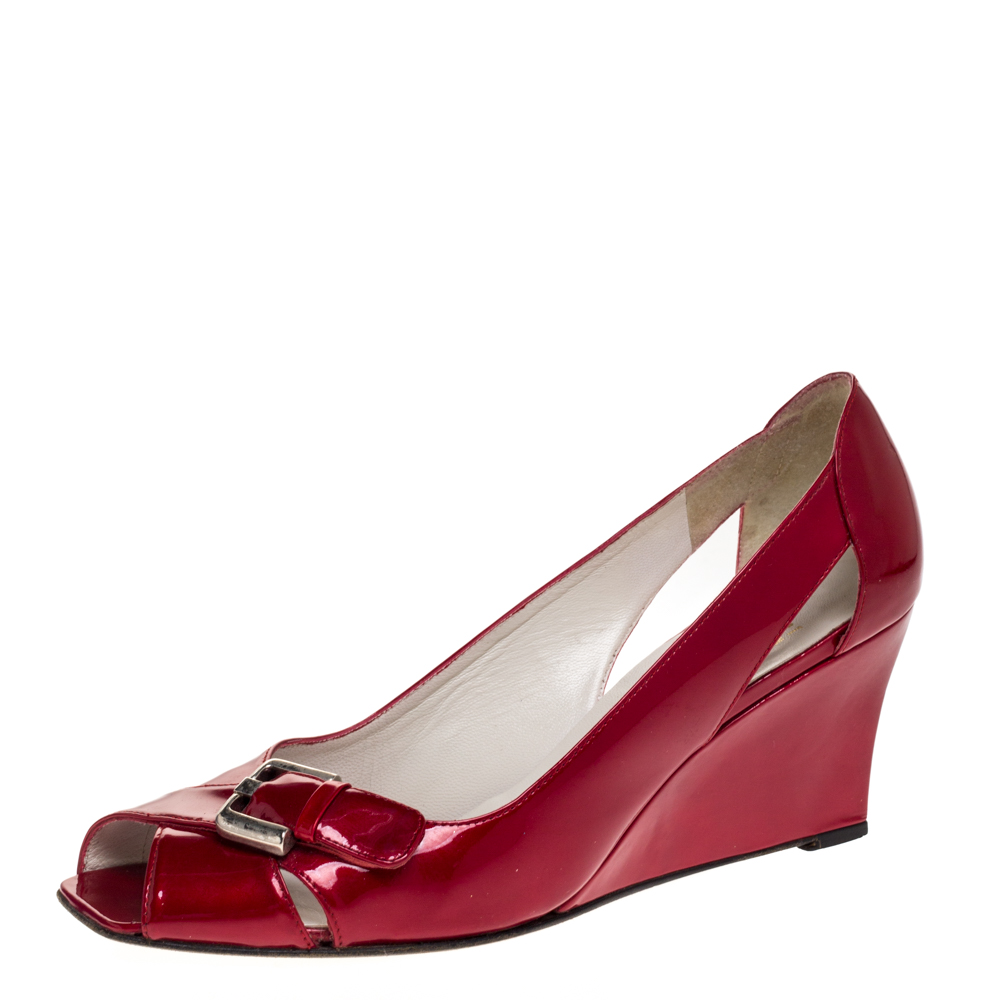 Stuart Weitzman Red Patent Leather Buckle Detail Open Toe Wedge Pumps Size 40