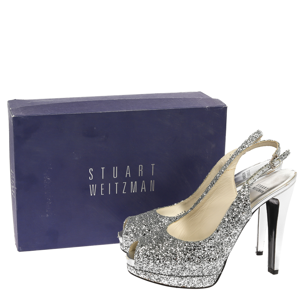 Stuart Weitzman Silver Coarse Glitter Peep Toe Slingback Sandals Size 38.5