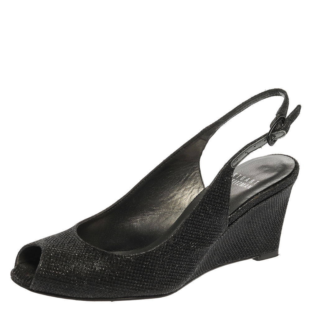 Stuart Weitzman Black Glitter Fabric Slingback Wedge Sandals Size 36