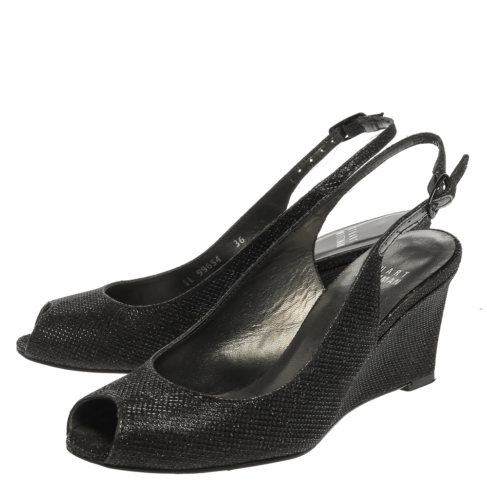 Stuart Weitzman Black Glitter Fabric Slingback Wedge Sandals Size 36