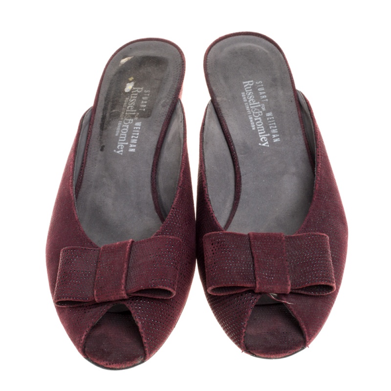 Stuart Weitzman Burgundy Textured Suede Bow Peep Toe Slide Sandals Size 38