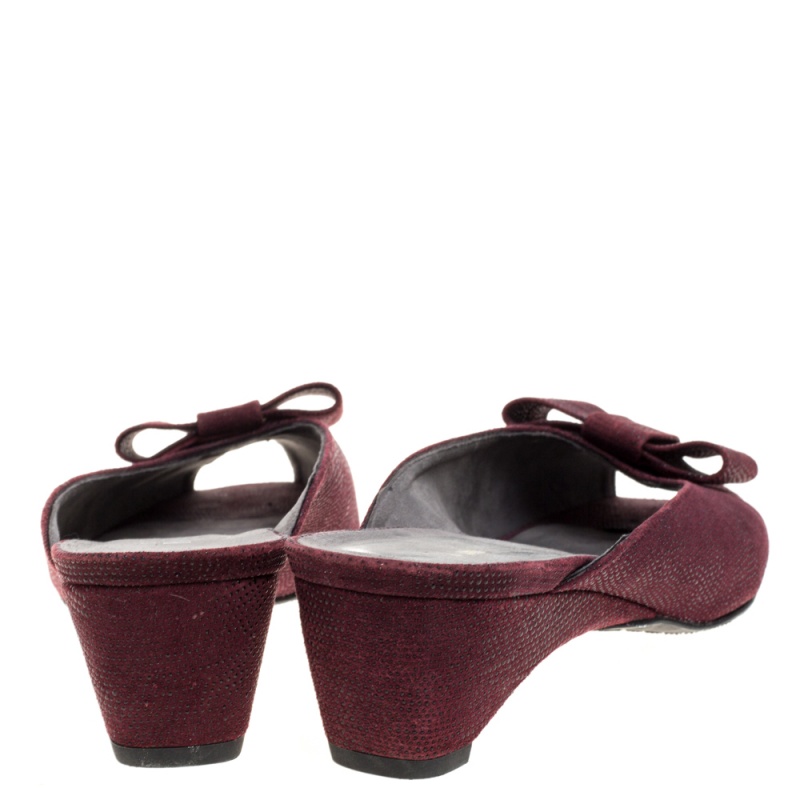 Stuart Weitzman Burgundy Textured Suede Bow Peep Toe Slide Sandals Size 38