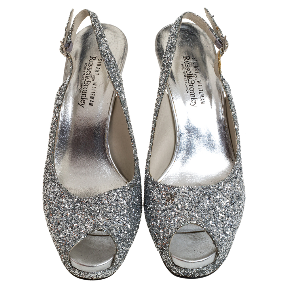 Stuart Weitzman Silver Coarse Glitter Peep Toe Slingback Sandals Size 39