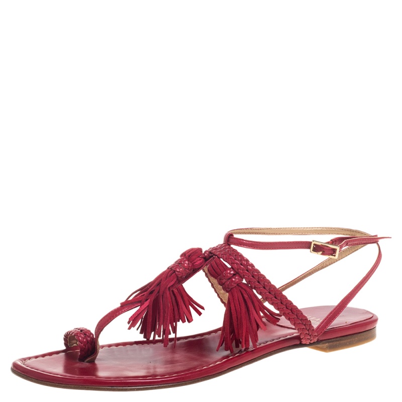 Stuart Weitzman Red Leather And Suede Tassel Thong Flat Sandals Size 39.5