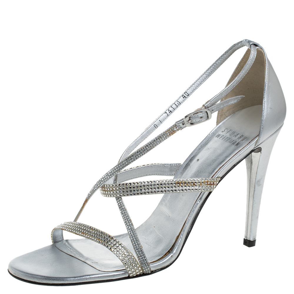 Stuart Weitzman Silver Leather Crystal Embellished Strappy Sandals Size 40