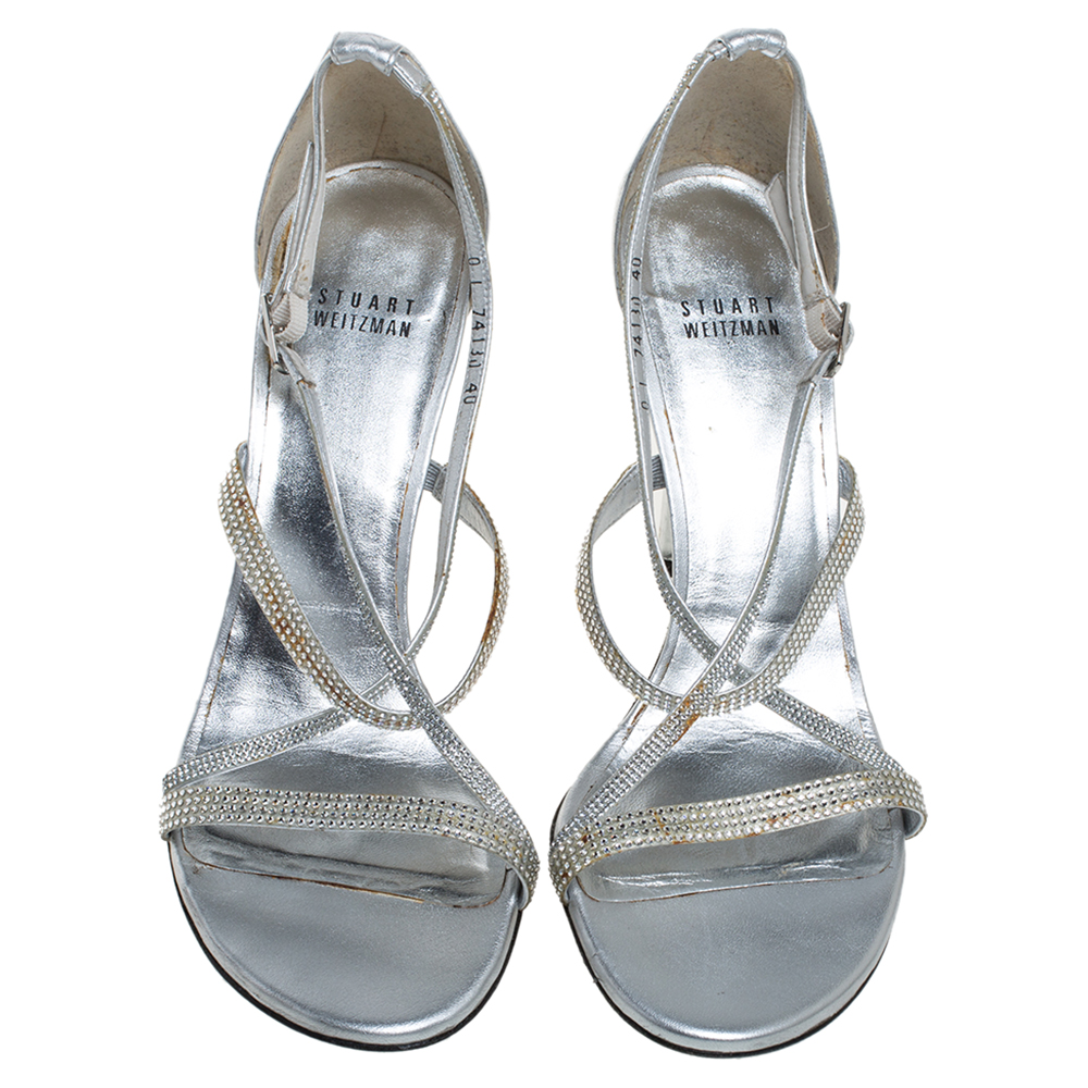 Stuart Weitzman Silver Leather Crystal Embellished Strappy Sandals Size 40