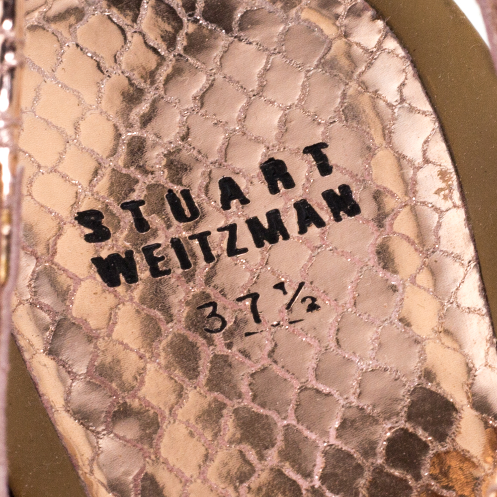 Stuart Weitzman Metallic Rose Gold Snake Embossed Leather Thong Flats Size 37.5