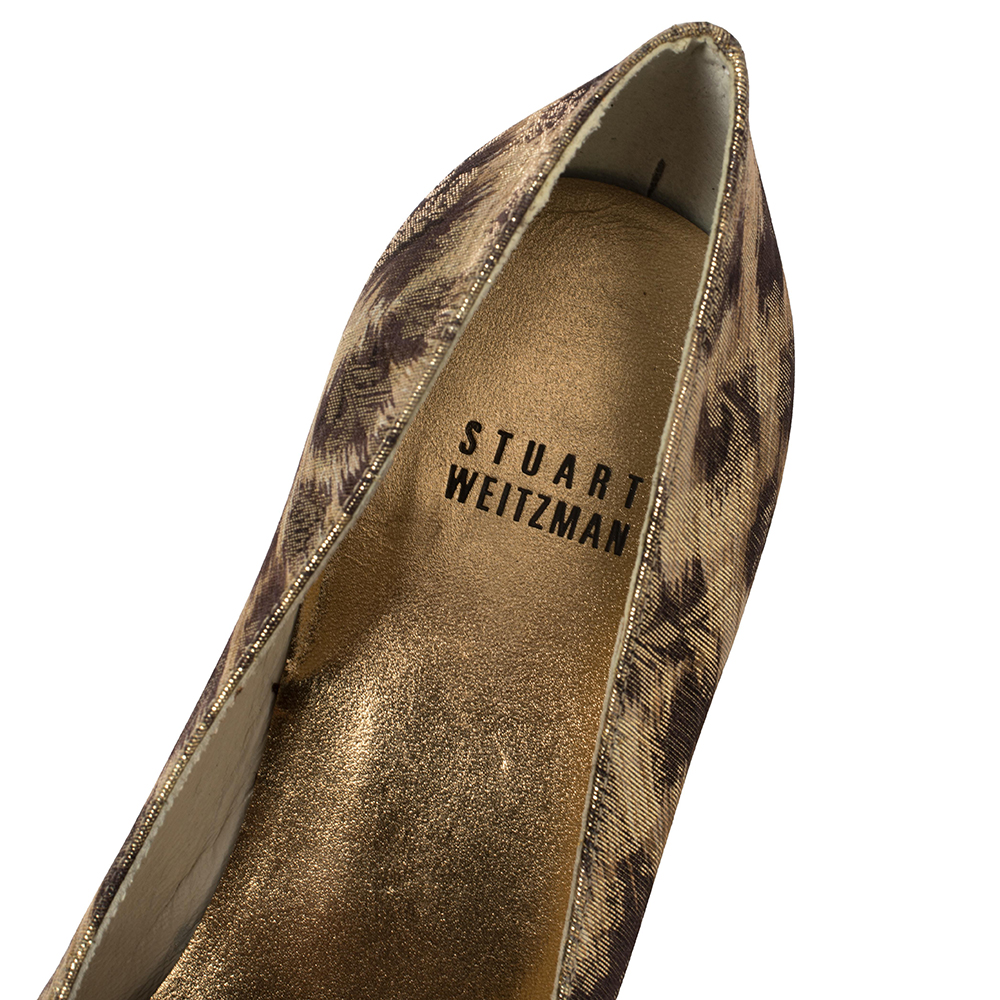 Stuart Weitzman Brown/Gold Metallic Lamé Fabric Leopard Print Bow Peep Toe Pumps Size 38.5