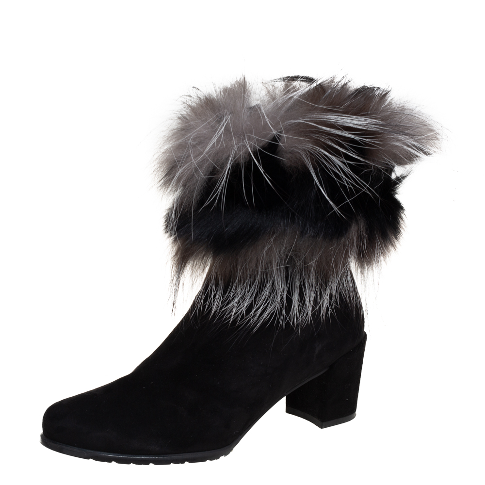Stuart Weitzman Black Suede And Fox Fur Befoxy Londra Ankle Boots Size 39