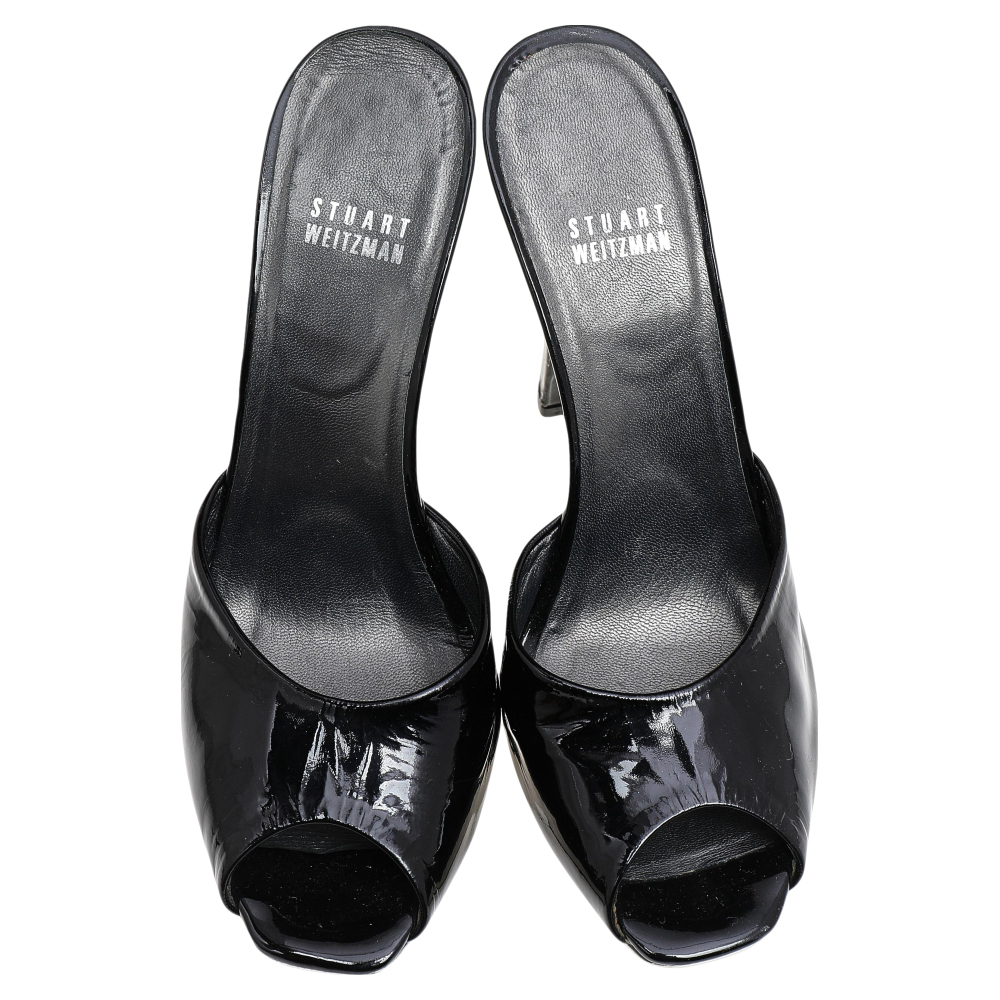 Stuart Weitzman Black Patent Leather Platform Slide Sandals Size 39
