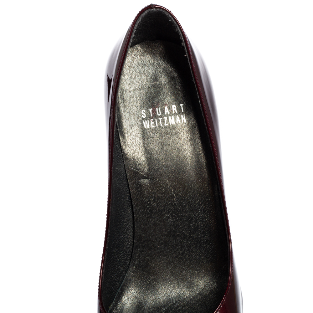 Stuart Weitzman Burgundy Patent Leather Peep Toe Bow Pumps Size 38