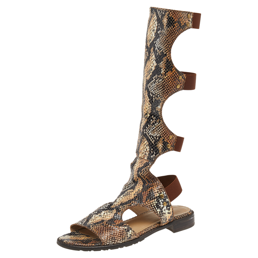 Stuart Weitzman Brown Python Leather Gladiator Flat Sandals Size 36.5