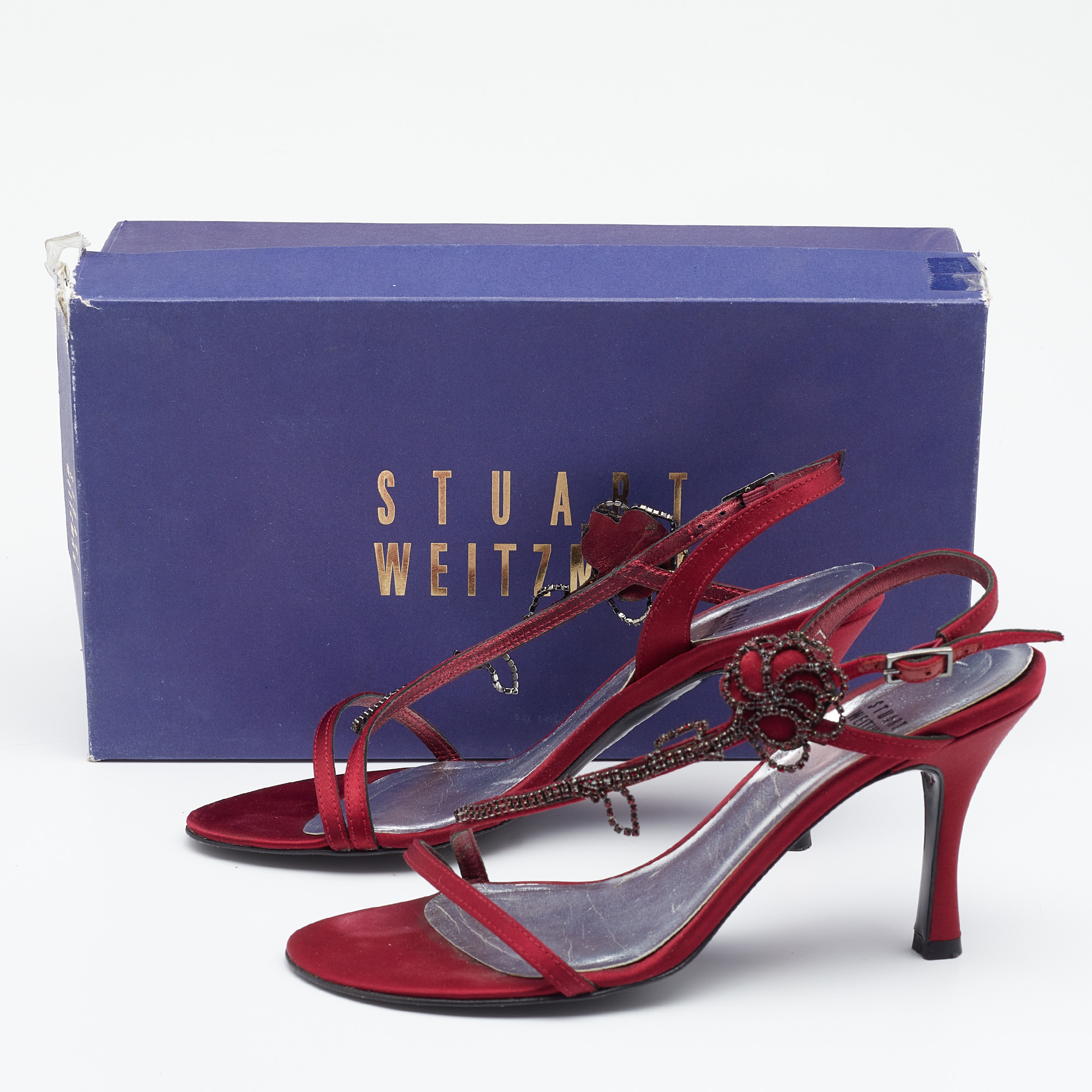 Stuart Weitzman Burgundy Satin Crystal Embellished Slingback Sandals Size 37
