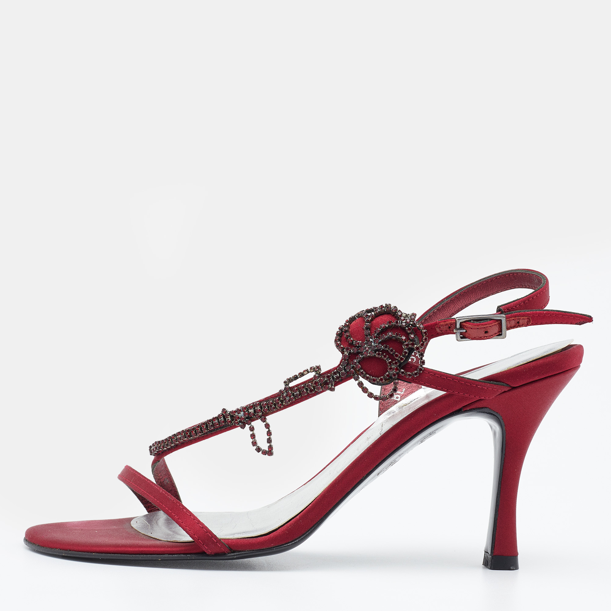 Stuart weitzman burgundy satin crystal embellished slingback sandals size 37