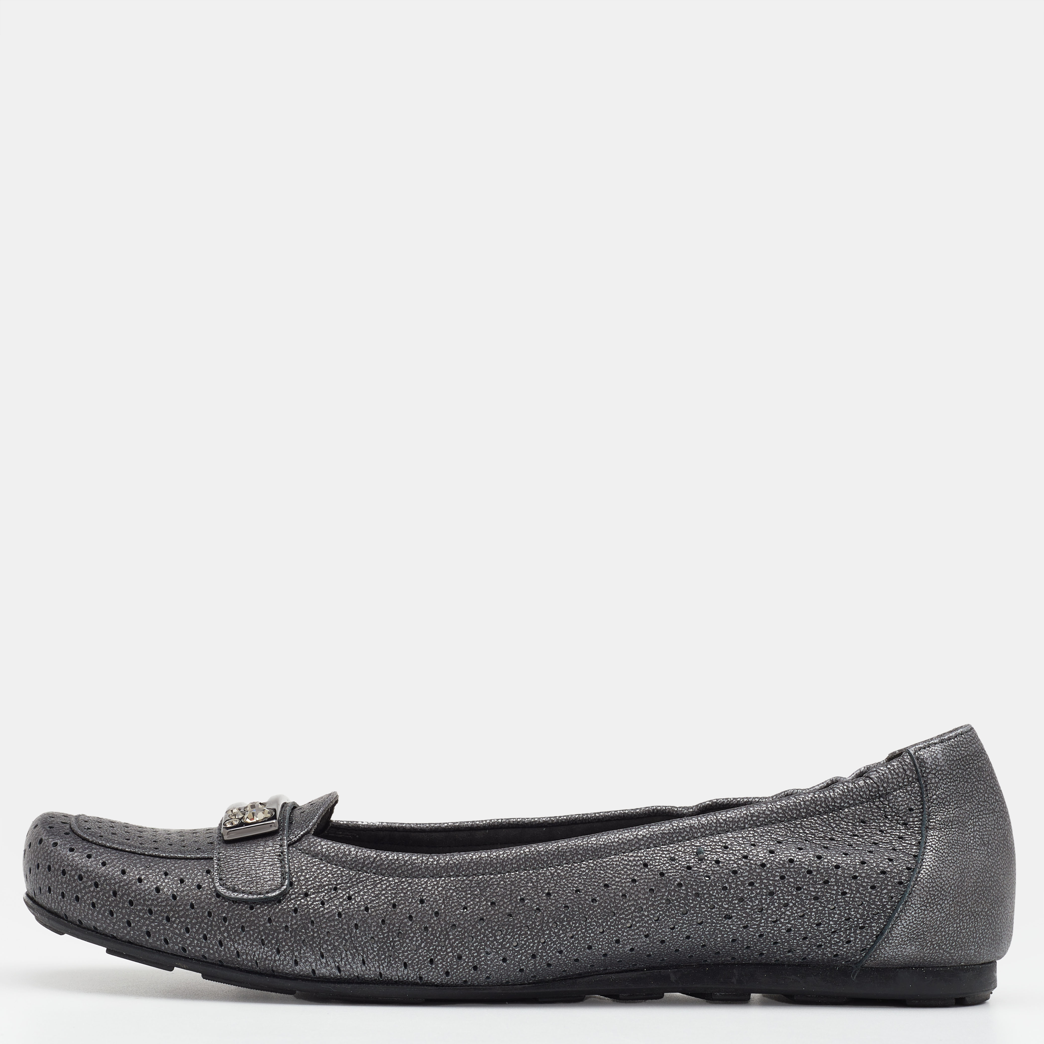 Stuart Weitzman Metallic Grey Perforated Leather Crystal Embellished Slip On Loafers Size 41