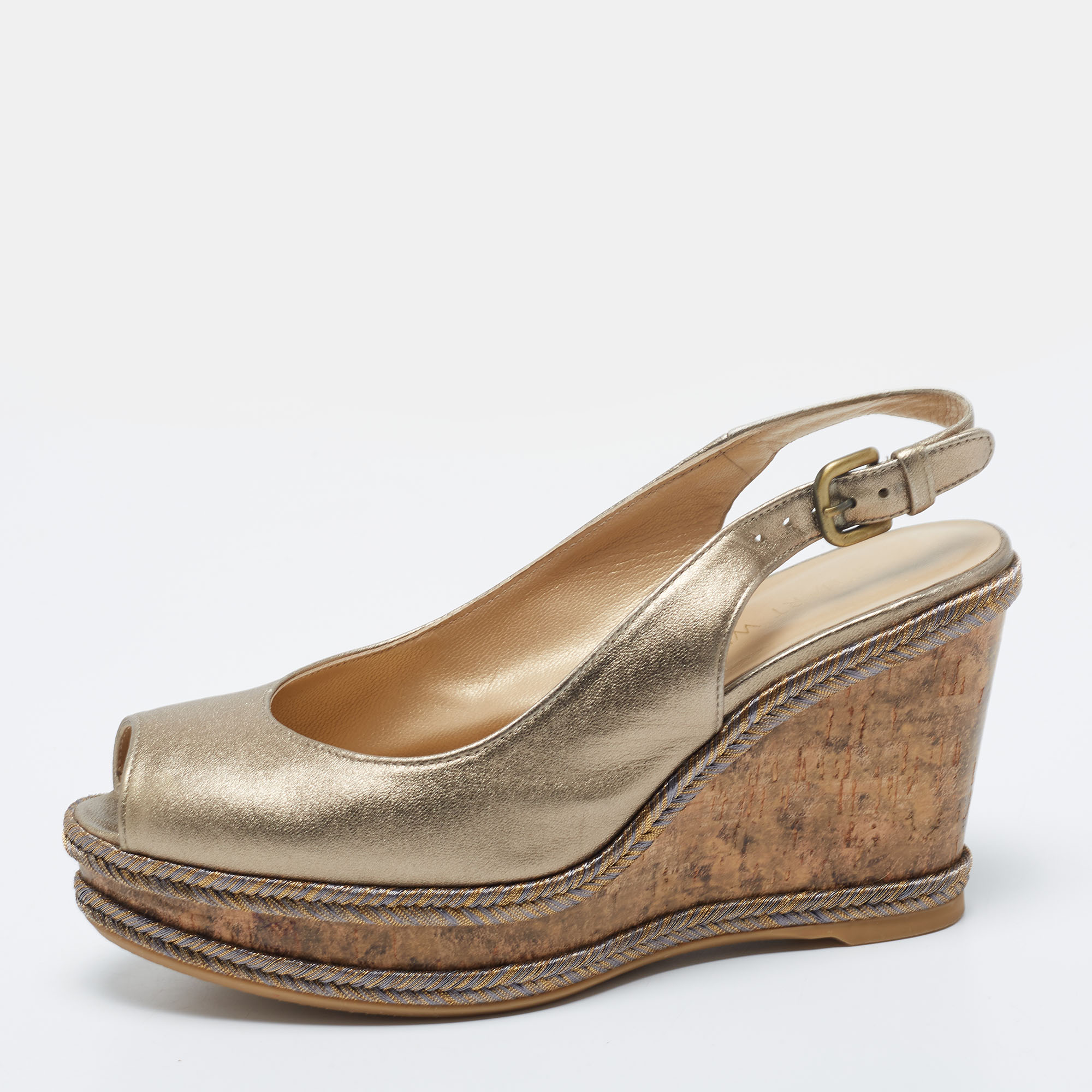 

Stuart Weitzman Metallic Gold Leather Jean Peep Toe Cork Wedge Slingback Sandals Size