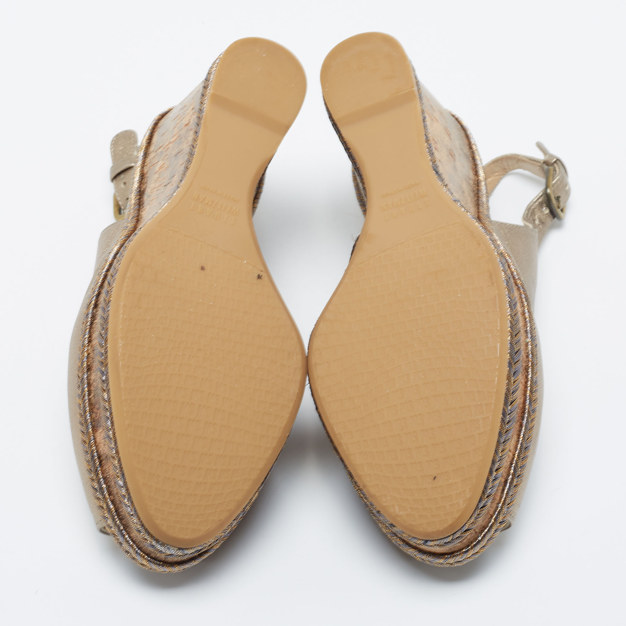 Stuart Weitzman Metallic Gold Leather Jean Peep Toe Cork Wedge Slingback Sandals Size 36.5