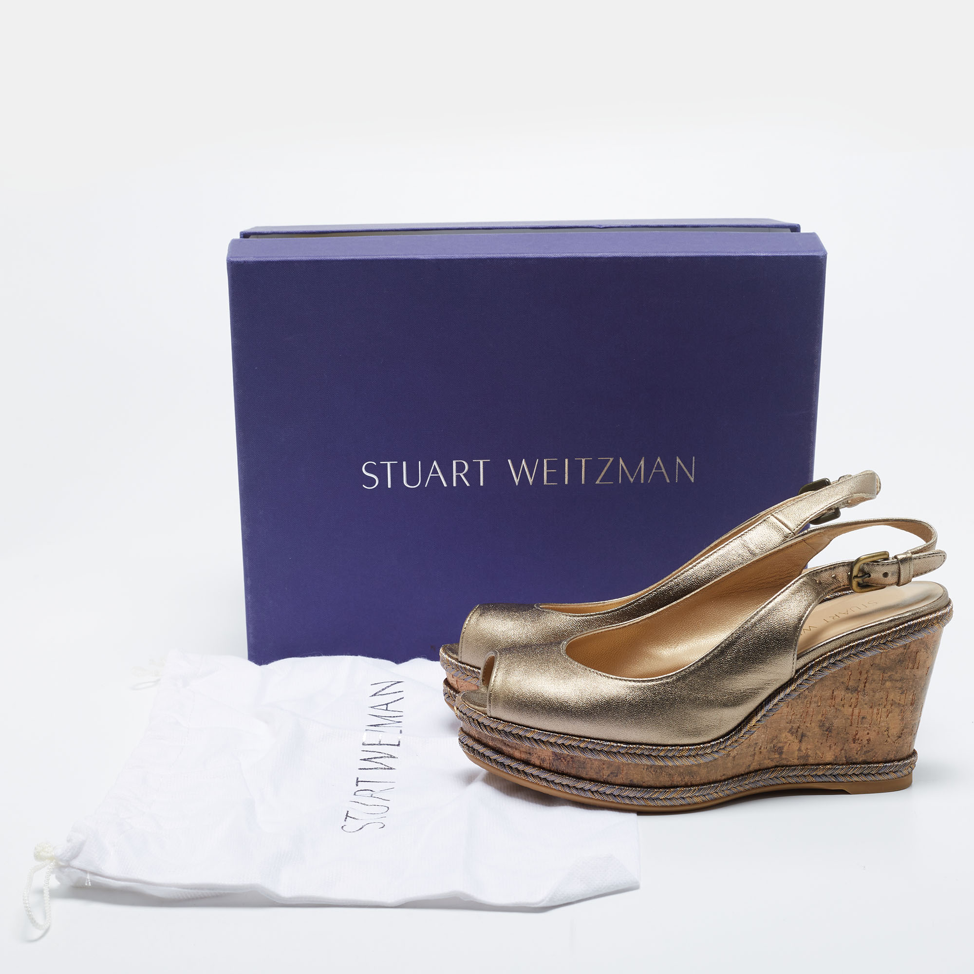 Stuart Weitzman Metallic Gold Leather Jean Peep Toe Cork Wedge Slingback Sandals Size 36.5